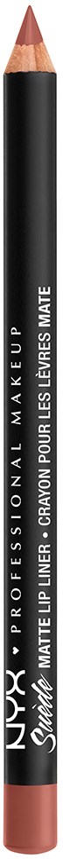 Een zwarte lippotlood met een bruine punt, gemarkeerd 'NYX PROFESSIONAL MAKEUP MATTE LIP LINER' in wit.
