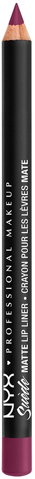 Ein schwarzer Lipliner mit lila Deckel, Text zeigt Marke und Zweck, wird für Make-up verwendet.