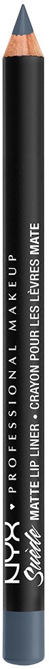 En svart penna med grå och vit text, märkt som ett professionellt makeupprodukt för läppar, matt yta.