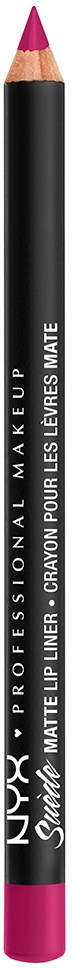 A black and pink makeup pencil with white text, labeled for lips and matte finish.