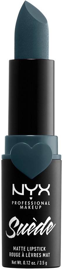 En blå läppstift i en svart tub med en hjärtform och NYX-märke. Det är ett matta läppstift.