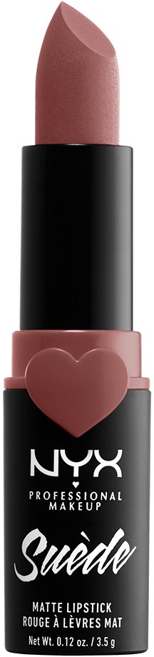 A NYX lipstick tube with a pink heart shape, black and pink packaging, and the words "Suede" on it.
