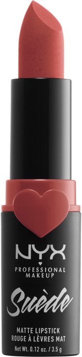 A pink lipstick with a heart on the tube, labeled NYX Suede Matte Lipstick.