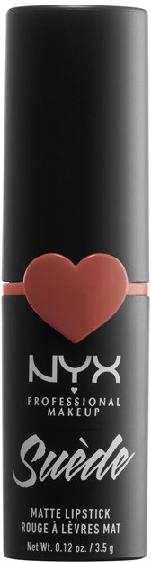 A black lipstick tube with a pink heart and white text, labeled NYX and Suede, matte lipstick.