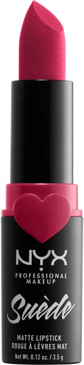 Ett rosa läppstift med svart och rosa förpackning, med ett hjärtsymbol och NYX-logga.