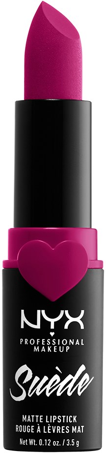 Pink lipstick in a black tube with a pink heart design. NYX logo and product details visible.