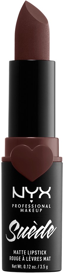 A NYX matte lipstick with a brown shade, black and pink packaging, and a heart detail on the cap.