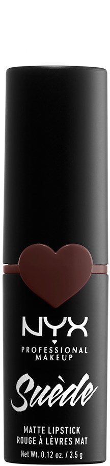 A black lipstick tube with a heart symbol and NYX logo, labeled as matte lipstick from the Suede line.