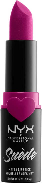 A pink lipstick in a black tube with a pink heart on it, labeled NYX Suede matte lipstick.