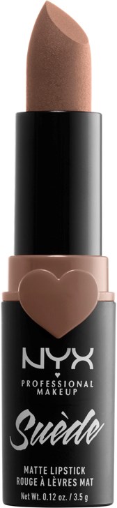 En brun läppstift i ett svart hölje med en hjärtformad design, märkt NYX Suede Matte Lipstick.