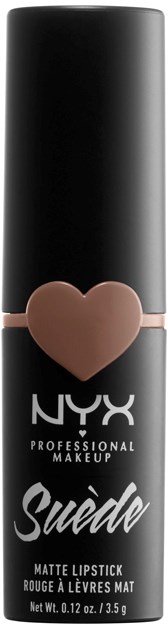 En svart läppstiftstift med ett rosa hjärta och 'NYX' logga, märkt som matt läppstift. Designad för sminkbruk.
