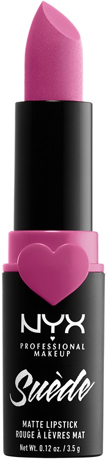 Ett rosa läppstift i ett svart och rosa rör med ett hjärta på locket.