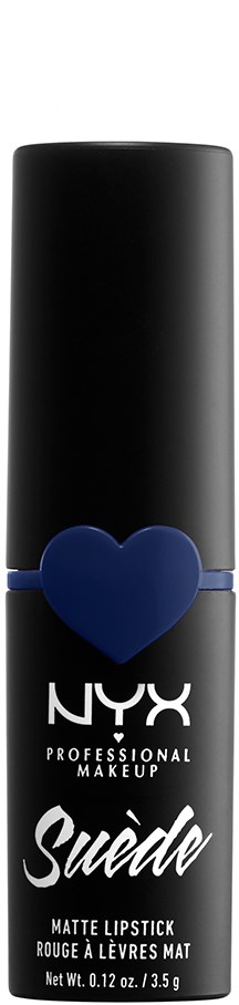 Svart läppstiftsrör med ett blått hjärta och NYX-logga, märkt 'Suede' matt läppstift.
