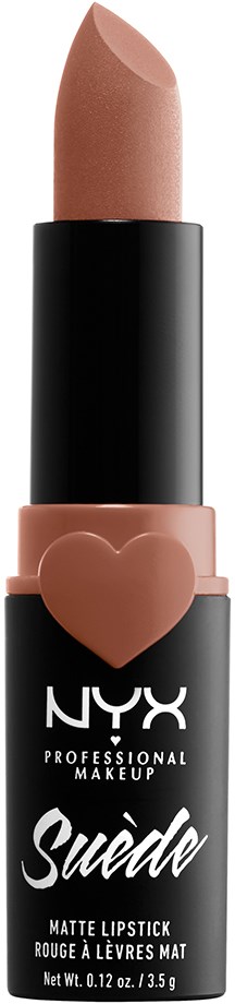 Ett NYX läppstift i beige nyans, med svart och rosa förpackning och ett hjärtformigt märke på rörstrodet.