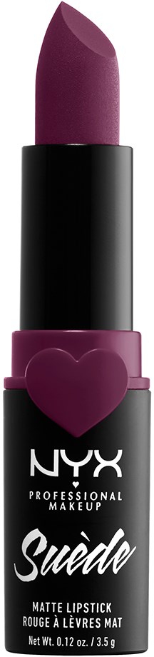 A dark purple matte lipstick in a black and pink tube with a heart shape. NYX logo is visible.