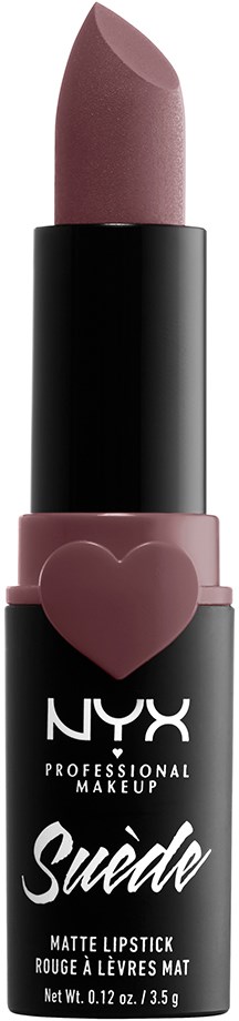Ein Lippenstift mit mattem Finish in einem rosa Farbton, schwarzer und rosa Behälter mit Herz-Design, NYX-Marke.