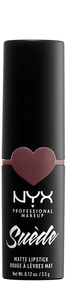 Ein schwarzer Lippenstift mit einem pinken Herz und NYX-Logo für matten Lippenstift. Es steht 'Suede' und 'matte lipstick'.