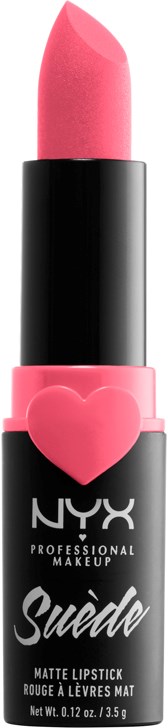 En rosa läppstift med en svart och rosa förpackning, med ett hjärta och NYX-loggan.