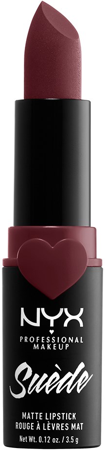 Ein NYX-Mattlippenstift in dunklem Rot mit Herzform im schwarzen Gehäuse.