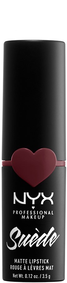 Ein schwarzer Lippenstift mit rotem Herz und weißem Text, wirbt für NYX Suede matten Lippenstift.
