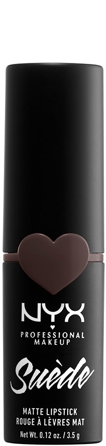 En svart läppstiftstift med ett hjärtdesign och vit text för NYX Suede matte läppstift.