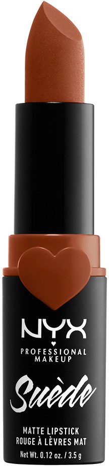 Ett brunt läppstift i ett svart rör med ett hjärtdesign, märkt NYX Suede Matte Lipstick.