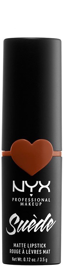 En lång svart läppstiftstift med en röd hjärt-symbol och NYX-logga, märkt som Suede matt läppstift.