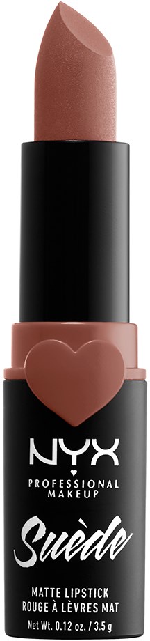 En nudefärgad läppstift med svart kropp och ett rosa hjärta, märkt NYX Suede mat.