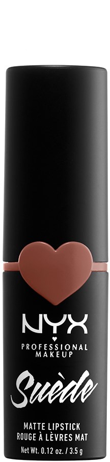 En svart läppstiftsrör från NYX med ett rosa hjärta och orden 'Suede' och 'Matte Lipstick'.
