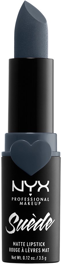 En svart läppstiftstift med ett hjärtans design, märkt NYX Suede Matte Lipstick.