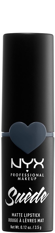 En svart läppstiftspenna med ett blått hjärta, NYX-logotyp och orden 'Suede' och 'Matte Lipstick' på.