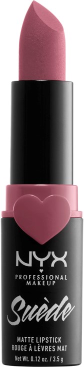 A pink lipstick in a black case with a heart design and white text. It says NYX Suede Matte Lipstick.