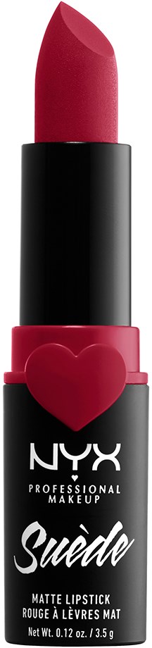 A red lipstick with a black and pink case, featuring a heart shape on the band. The brand is NYX Suede.