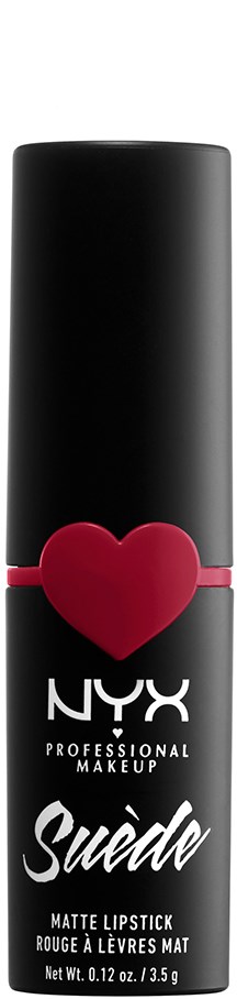 A black lipstick tube with a red heart and white text, labeled NYX Suede Matte Lipstick.