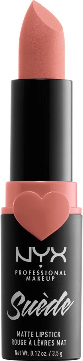 En NYX Suede mat läppstift i en svart rör med ett rosa hjärta och rosa band. Läppstiftet är ljusrosa.