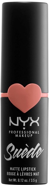 En svart läppstiftstub med ett rosa hjärta och NYX-logotyp, märkt som matt läppstift för läppar.