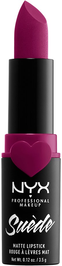 A matte pink lipstick in a black and pink tube with a heart design. The brand is NYX, Suedo.