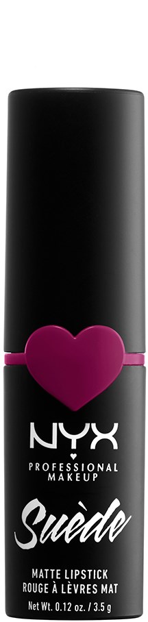 A matte lipstick tube with a pink heart design and NYX Professional Makeup branding on black background.