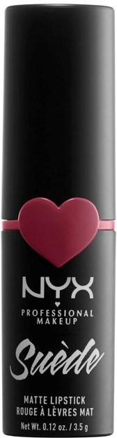 En svart tube med ett rosa hjärta och NYX-logotypen, märkt som matt läppstift från Swede-kollektionen.
