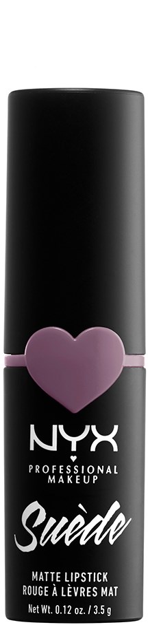 Ett svart läppstiftshölje med en lila hjärt-symbol och vitt text för NYX Suede matta läppstift.