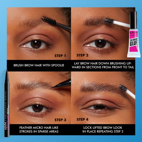Four-step eyebrow grooming guide with images showing applying brow gel, laying brush down, drawing hair strokes, and locking the look.