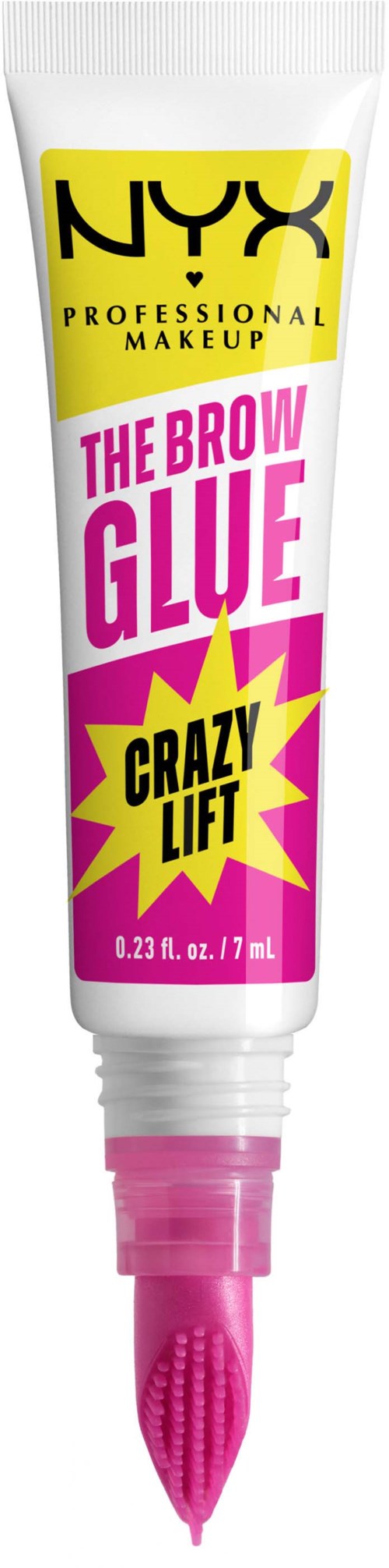 Een tube NYX wenkbrauw lijm met roze en gele verpakking, gelabeld "Crazy Lift."