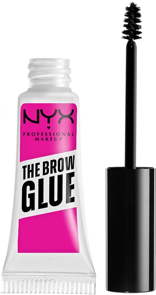 A tube of NYX brow glue with a black mascara wand applicator next to it.