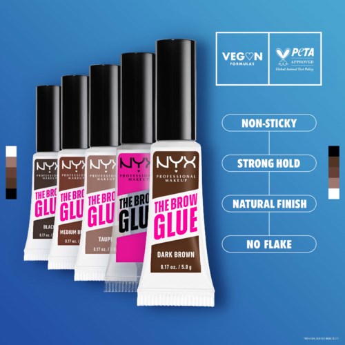 Four tubes of NYX brow glue in different shades, labeled for various finishes and features, on a blue background.