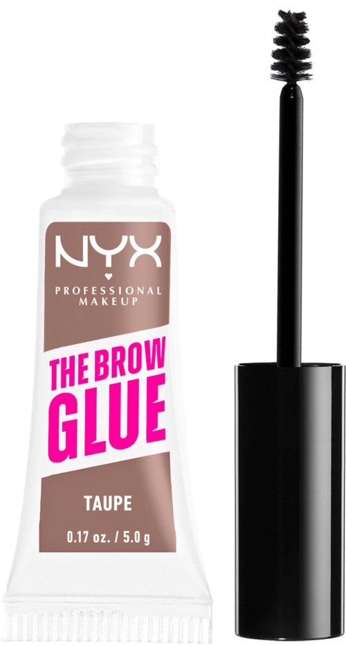 A small tube of NYX eyebrow glue with a black brush applicator next to it.