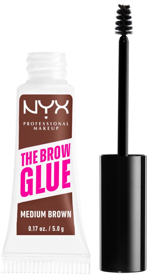 Kleine Tube NYX Augenbrauengummi in Mittelbraun mit offenem Applikator.