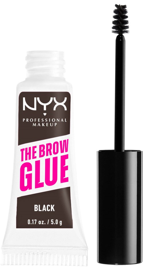 A small tube of NYX brow glue with a black wand applicator.