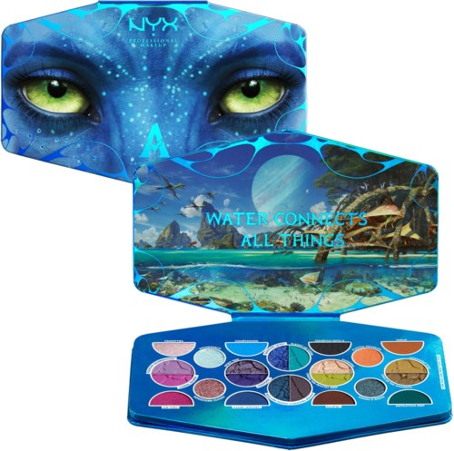 En makeup-palett med olika färgglada ögonskuggor, inspirerad av vatten och natur, kopplad till märket NYX.