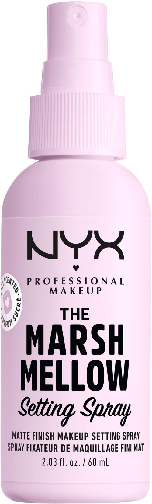 Een roze sprayfles met label NYX The Marsh Mellow Setting Spray, voor make-up, met witte dop.