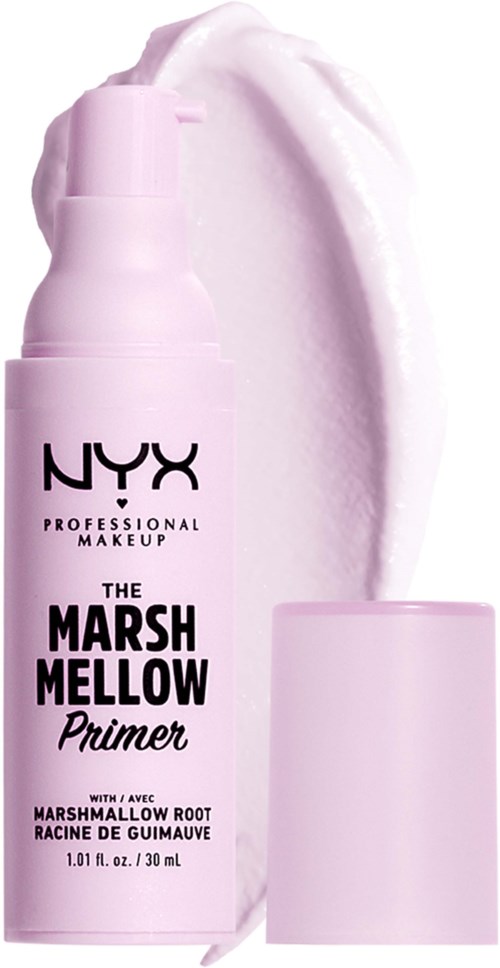 Roze NYX primerfles met een witte crème achter, labelt "The Marsh Mellow Primer."